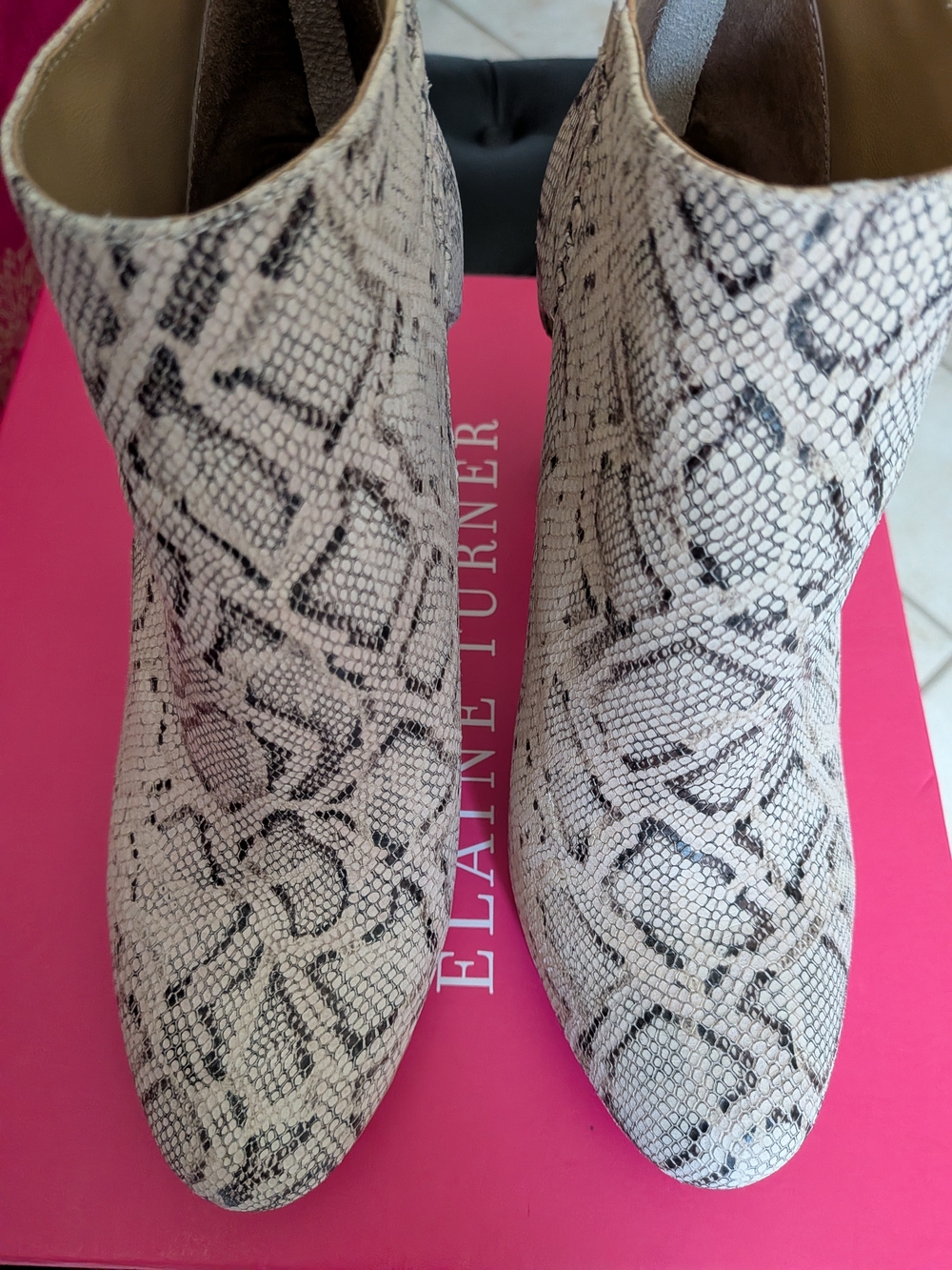 Elaine Turner Cream and Black Phyton Snake-Print Ankle Booties, NIB, Size 8